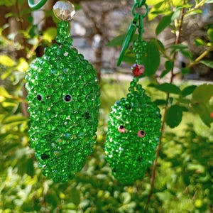 Pickle keychain, glass beaded bag charm, cute green key ring mini heart, coquette pickles lover party favors, crystal 3D funny keyring
