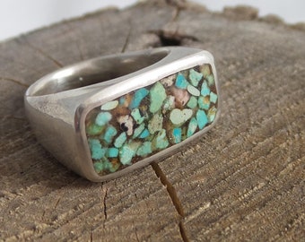 Inlaid Turquoise Chips Ring, Sterling Silver, Box Ring