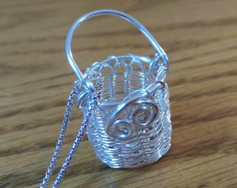 Tiny handwoven basket, necklace, sterling silver, handmade