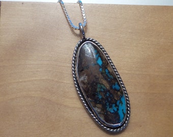 Boulder Turquoise Pendant Necklace, Handmade, Sterling Silver