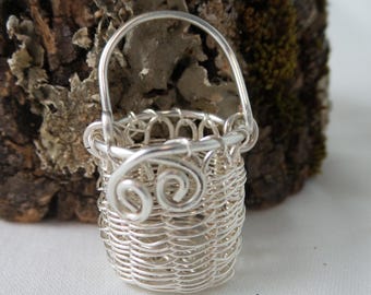Tiny handwoven basket Pendant, Basket Onlly, sterling silver, handmade, artisan Jewelry