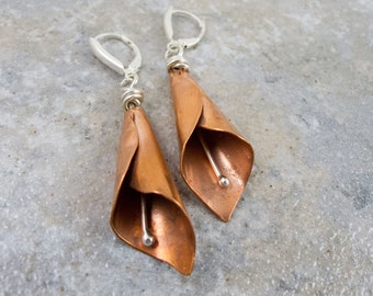 Cala Lily flowers in copper and sterling silver earrings