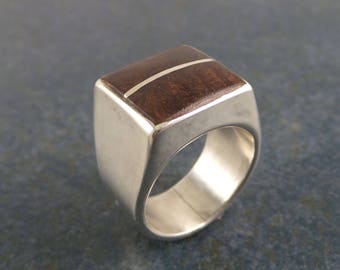Deep Brown Wood Inlaid Ring, sterling silver, unisex