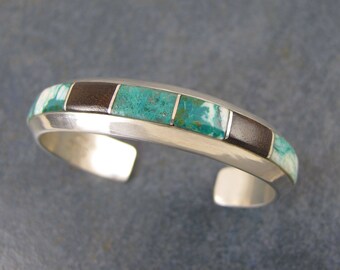 Stone Inlay Cuff Bracelet, Statement Bracelet, Sterling Silver, Blue Green, Wood