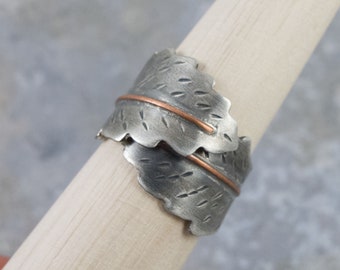 Nestled Leaf Ring, Adjustable, Sterling Silver, Copper Detail, dark patina