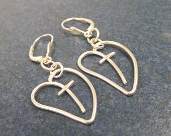 Cross Heart earrings, sterling silver dangles