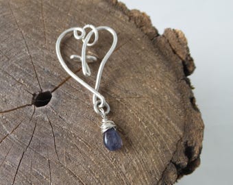 Cross Heart Pendant with gemstone Kayanite dangle, Pendant Only,  sterling silver, Handmade, Artisan Jewelry