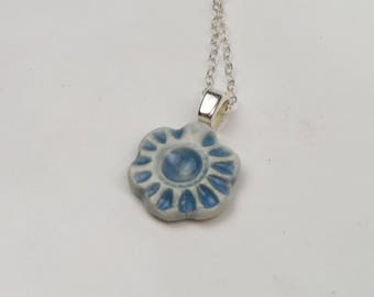 Dainty Blue Flower Pendant, Sterling Silver