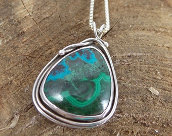 Blue and Green Azurite Malachite Pendant only, Sterling Silver, Gift, Anniversary, Artisan Crafted