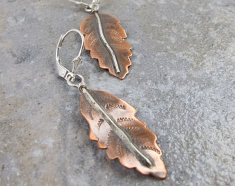 Feather Leaf Earrings, Copper with sterling silver
