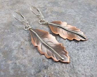 Feather Leaf Earrings, Copper with sterling silver