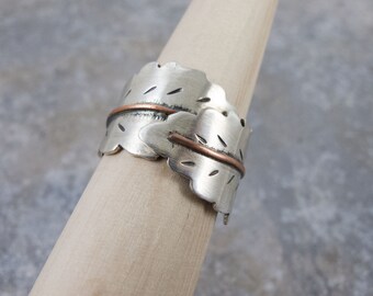 Nestled Leaf Ring, Adjustable, Sterling Silver, Copper Detail