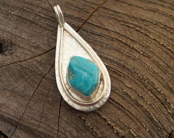 Turquoise Teardrop Pendant, Sterling Silver, Argentium Silver, Morenci Mine