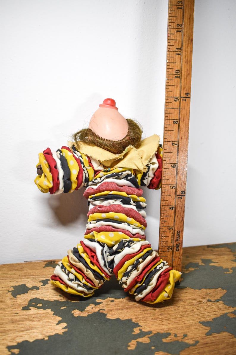 1950's 60's Yoyo Quilt Fabric Scraps Clown Doll W Hair / Plastic Head ...