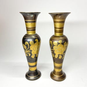 Vintage Bronze Vase Set of 2 Handmade Etched Brass Copper Flower Bud Vase Pitcher from India. Enamel Gold Flower Design