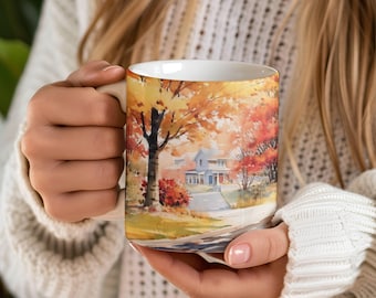 Fall Village Ceramic Mug,Autumn Coffee Cup,Fall Decor,Thanksgiving Gift,Christmas Mug,Pumpkin Mug,Autumn Color Holiday Season Drinkware-11oz