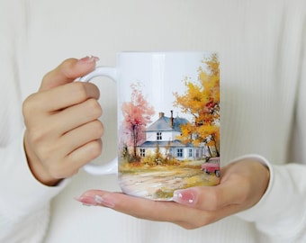 Herbst Dorf Becher, Herbst Vibes Becher, Hallo Herbst Tassen, Herbst Kaffeebecher, Herbst Szene Keramik Becher, Herbst Becher Geschenk, Kürbis Becher, Herbst Becher (11 Unzen, 15 Unzen)