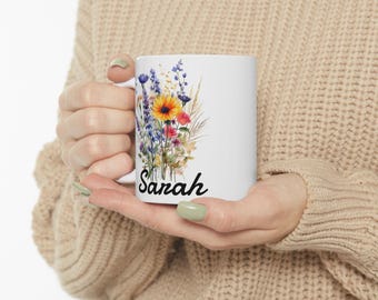 Custom Name Mug, Personalized Coffee Mug,Flower Mug,Botanical Mug,Custom Gift,Pressed Flower Mug,Cottagecore Coffee Mug(11oz,15oz)