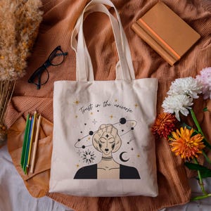 Cosmic Girl Cotton Tote Bag, Feminine Energy and Spiritual Balance Design, Eco-Friendly, Reusable, Market Bag, Shopping Tote, Yoga Bag,