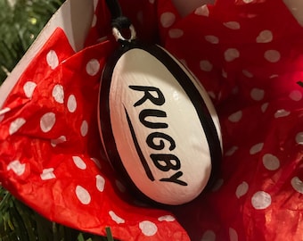 Rugby - Hand Painted Ornament - Personalized - (2.5" x1.5" Egg Shape) Solid Wood