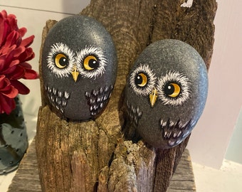 Rustic Owl Rock Art on Weathered Wood - 19" Tall - Self Standing