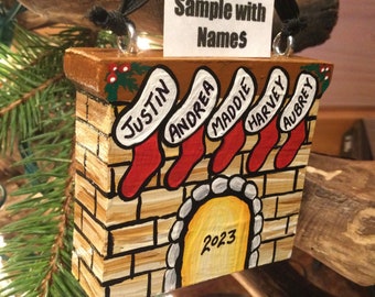 Fireplace Stocking Family Ornament - 2-6 Names - Hand Painted - Solid Wood - 2.5” Wide  x 2.5” Tall x 3/4” Deep - Personalized FREE