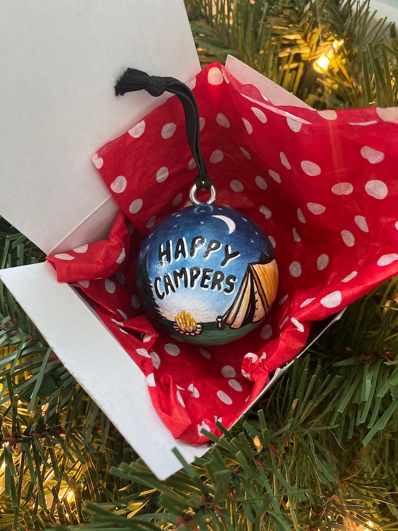 Happy Campers Ornament Solid Wood Ball 2 Round Personalized FREE image 1