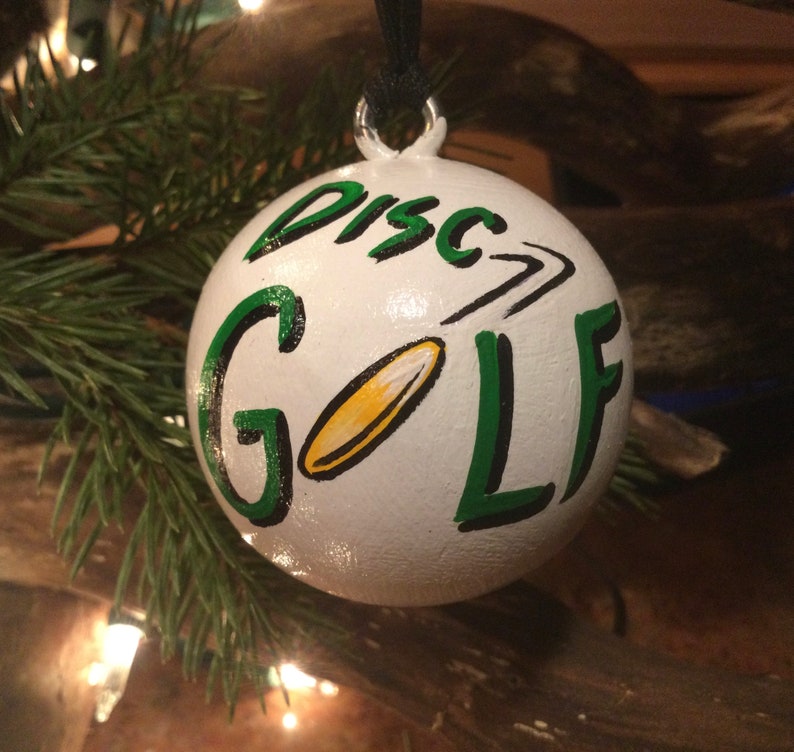 Disc Golf Hand Painted Ornament Solid Wood Ball 2 Round Personalized image 1