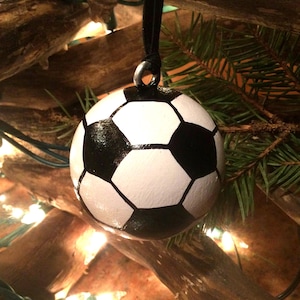 May include: A white and black soccer ball ornament hanging from a tree branch. The ornament is painted to look like a soccer ball.