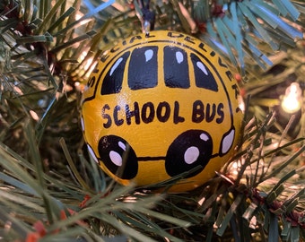 School Bus Ornament Solid Wood Ball (2" Round)   - Personalized FREE