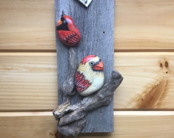 Painted Cardinals Rock Art on Rustic Barn Wood - Wall Art