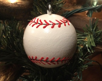 Baseball Ornament Solid Wood Ball (2" Round) - Hand Painted - Personalized