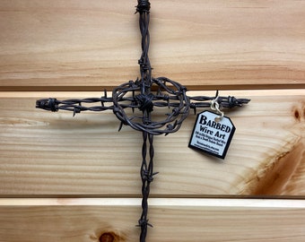 Barbed Wire Cross w/Crown of Thorns - Rustic 100 year old Barbed Wire Art
