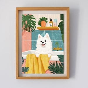 White Dog in Bathtub Printable Wall Art | Taking a Bath in Tub Photo Bathroom Art Print | Modern Home  Décor | Digital download