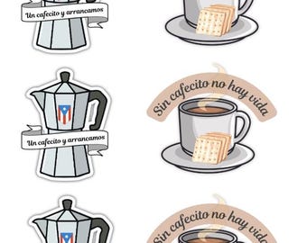 Puertoricanska kaffeklistermärken | Cafecito-citat, tvåspråkig kalenderdekor (digital nedladdning)