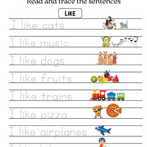 Sight Word Sentence Tracing Worksheets | KG Primary Font | Preschool & Kindergarten | Instant Download