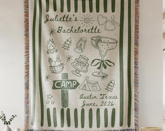 Custom Camp Bachelorette Woven Blanket, Personalized Bridal Party Glamping Decor