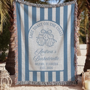Personalized woven blanket designed for a bachelorette celebration featuring custom text for the bride tribe, used as party décor or beach photo backdrop and keepsake throw gift.