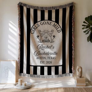 Personalized woven blanket designed for a bachelorette celebration featuring custom text for the bride tribe, used as party décor or beach photo backdrop and keepsake throw gift.