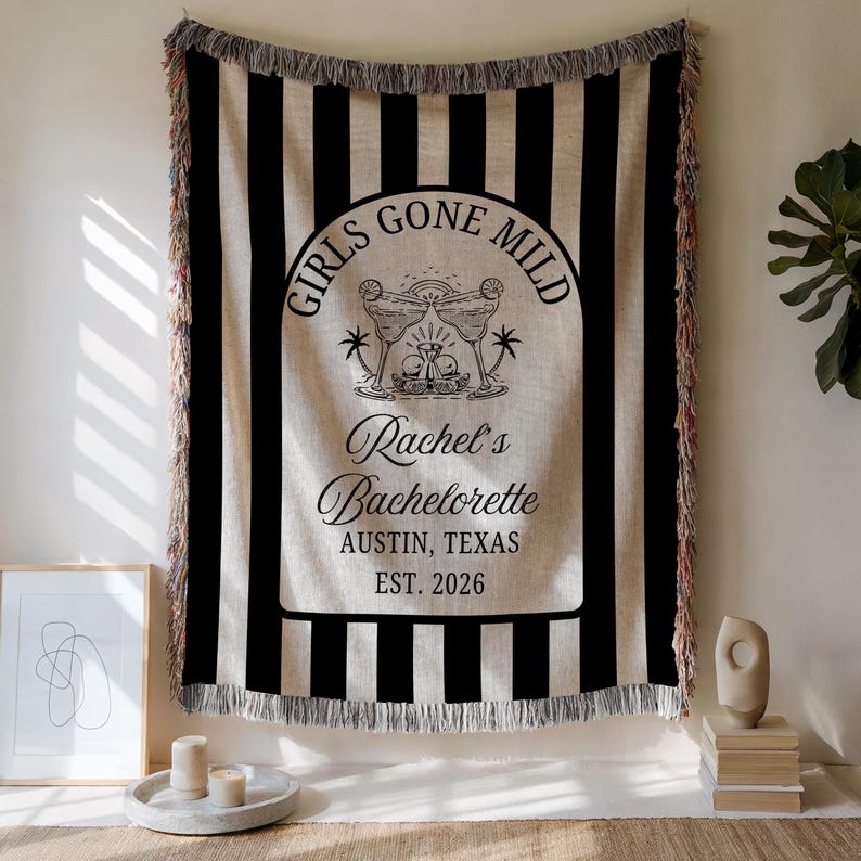 Personalized woven blanket designed for a bachelorette celebration featuring custom text for the bride tribe, used as party décor or beach photo backdrop and keepsake throw gift.