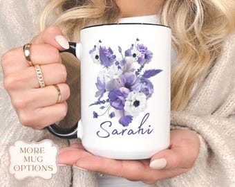 Personalized Purple Floral Coffee Mug: Custom Name Gift