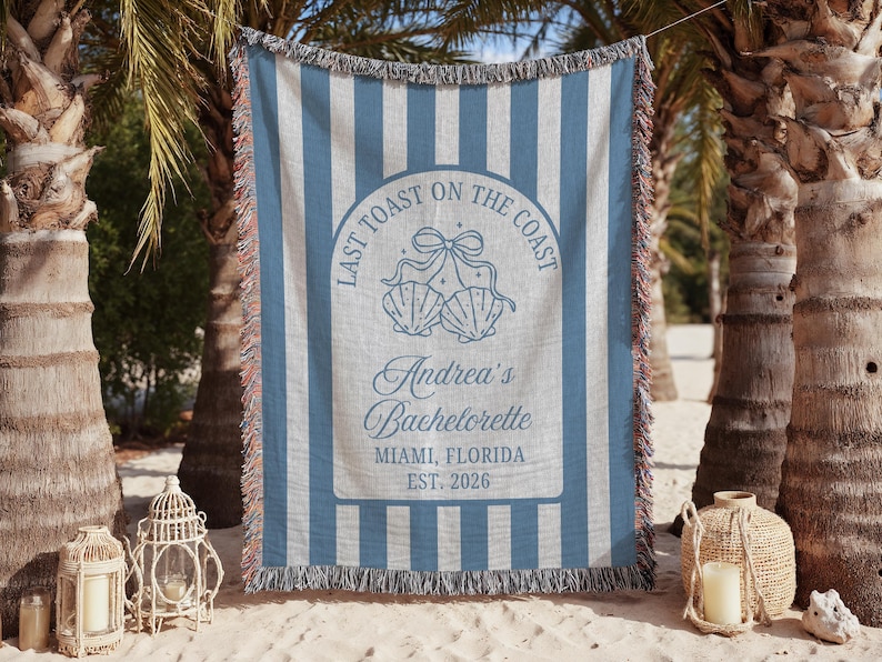 Personalized woven blanket designed for a bachelorette celebration featuring custom text for the bride tribe, used as party décor or beach photo backdrop and keepsake throw gift.
