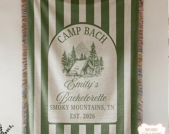 Custom Camp Bachelorette Woven Blanket, Glamping Weekend Decor, Bach Party Gift