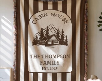 Personalized Cabin House Blanket: Woven Cotton Throw, Family Name Decor
