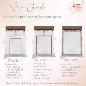 May include: Blanket size guide showing three sizes: 94 x 132 cm, 127 x 152 cm, and 152 x 203 cm. Each size is displayed on a bed, with suggested uses like baby, travel, and queen size blankets. The text reads "Chose the perfect size for your space!"