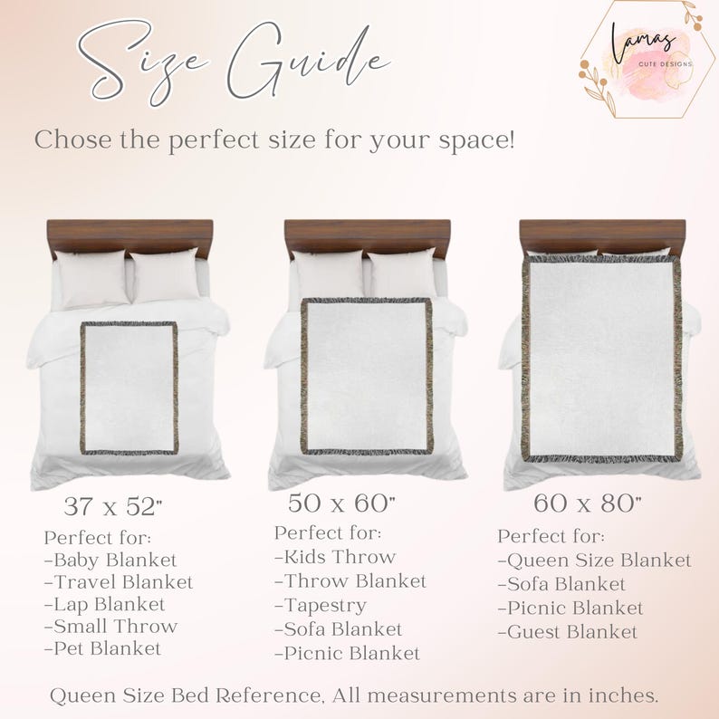May include: Blanket size guide showing three sizes: 94 x 132 cm, 127 x 152 cm, and 152 x 203 cm. Each size is displayed on a bed, with suggested uses like baby, travel, and queen size blankets. The text reads "Chose the perfect size for your space!"