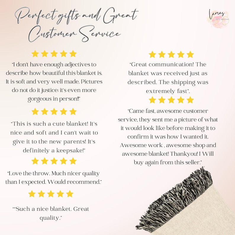 May include: A close-up of a soft, fringed blanket in shades of white and gray. The image includes text that reads "Perfect gifts and Great Customer Service" and customer reviews with five-star ratings.