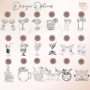 May include: Black and white line art of various cocktail designs, numbered 1 through 18, with the text "Design Options" at the top. Includes illustrations of martinis, margaritas, and other mixed drinks. The word "TEQUILA" is on a bottle.