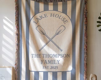 Personalized Lake House Blanket: Woven Cotton Throw, Family Name Decor