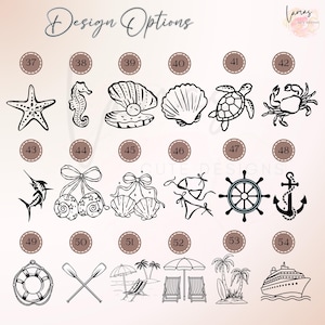 May include: Black and white line art illustrations of various beach and nautical themed designs. Designs include a starfish, seahorse, seashell, turtle, crab, marlin, cherries, bikini, ship's wheel, anchor, life preserver, crossed oars, beach scene, and cruise ship.